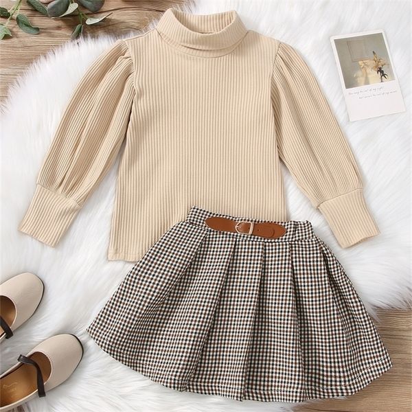 

girls rib-knit high neck tee & plaid pleated skirt she, White