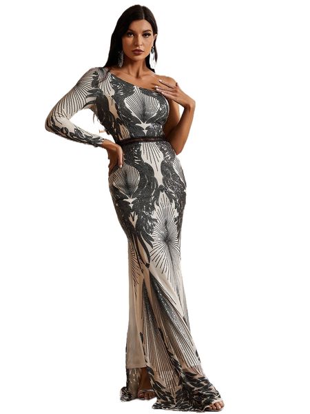

plant pattern one shoulder mermaid hem sequin formal dress m5sr#, Black;gray