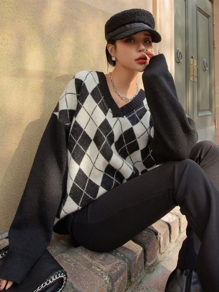 

dazy argyle pattern drop shoulder sweater 38ik#, White;black