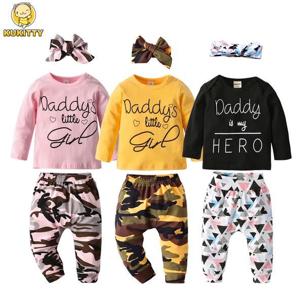 

infant baby girl clothes sets long sleeve family letter t-shirt and casual pants headband born clohing outfits suit for 220315, White