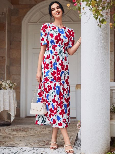 

allover floral print puff sleeve ruffle hem dress n0up#, Black;gray