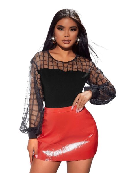 

sxy contrast plaid mesh lantern sleeve z6uj#, White