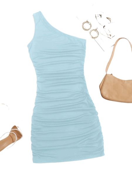 

one shoulder ruched bodycon dress r8m6#, Black;gray