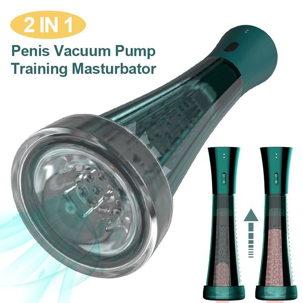 2 IN 1 Pompa elettrica per pene maschile Masturbatore per vuoto Ingrandimento del pene Enhancer Trainer Strumento per adulti Giocattoli sexy per gli uomini