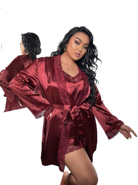 

plus satin contrast lace cami & shorts & belted robe d9bp#, Black;white