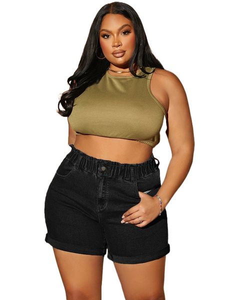 

plus paperbag waist roll hem denim shorts l7q3#, White;black