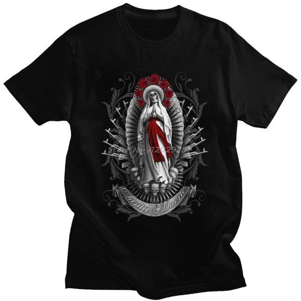 Erkek Tişörtler Moda Erkekler Santa Muerte T Shirt Kısa Kollu Pamuk Gotik Kutsal Ölüm T-Shirt Meksika Kafatası Tee Giyim Hediyesi I
