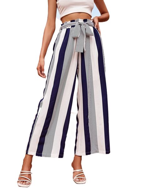 

striped colorblock paperbag waist belted wide leg pants o5c8#, Black;white