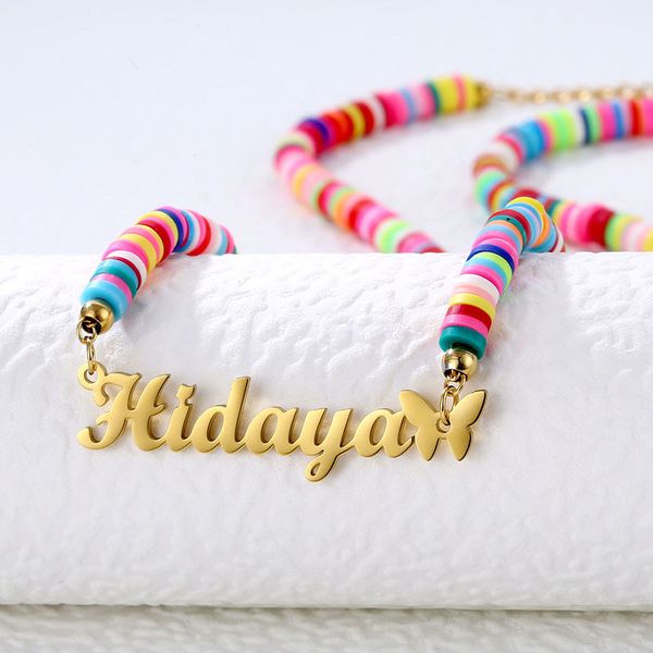

custom name butterfly choker polymer clay necklace bohemian beach colorful beaded jewelry for women girls adjustable 220722, Silver