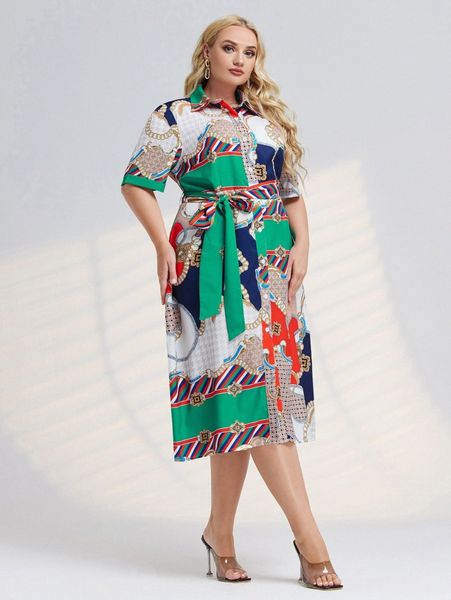 

plus color-block chain print belted shirt dress j29y#, Black