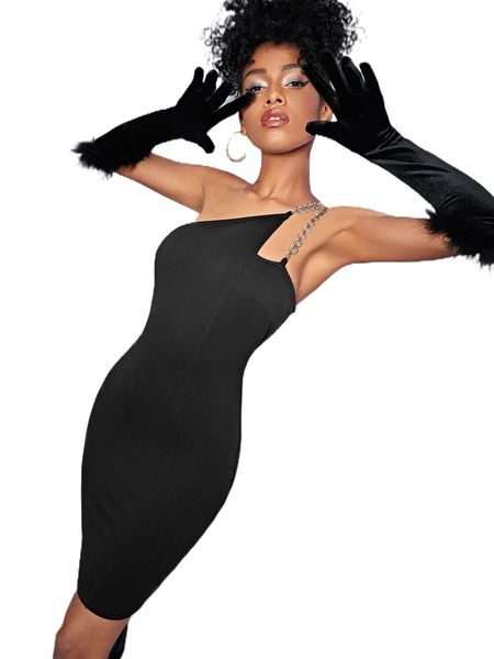 

asymmetrical neck chain detail bodycon dress 32td#, Black;gray