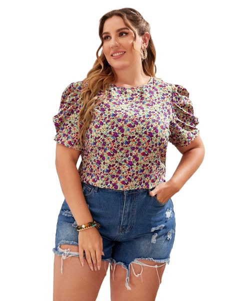 

plus allover floral print puff sleeve blouse y7fh#, Black