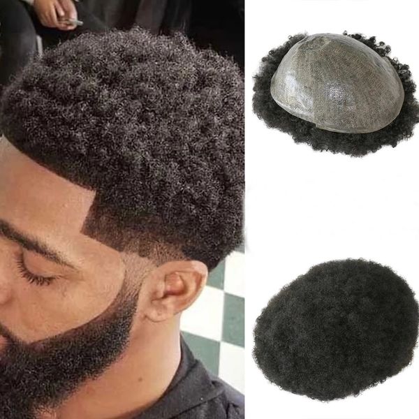 Afro Kinky Kıvırcık Protez Saç Erkek Toupee PU 0.04-0.06mm Hint İnsan Saç Peruk 6mm Dalga Haira Sistemi Postiş Siyah Renk