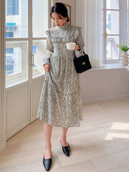 

dazy ditsy floral mock neck ruffle trim ruffle hem dress k8x6#, Black;gray