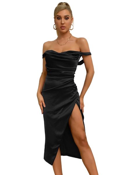 

parthea off shoulder slit thigh ruched satin dress n787#, Black;gray