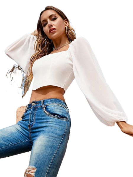 

zipper back square neck bishop sleeve blouse h37t#, White