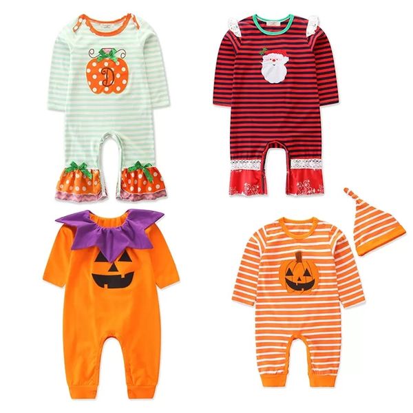 

christmas halloween baby boys girls ruffle romper infant santa claus pumpkin stripe print jumpsuits 2018 autumn kids climbing clothes, Blue