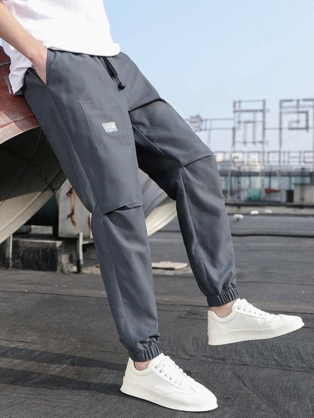 

men letter patch detail drawstring waist pants 396i#, Black