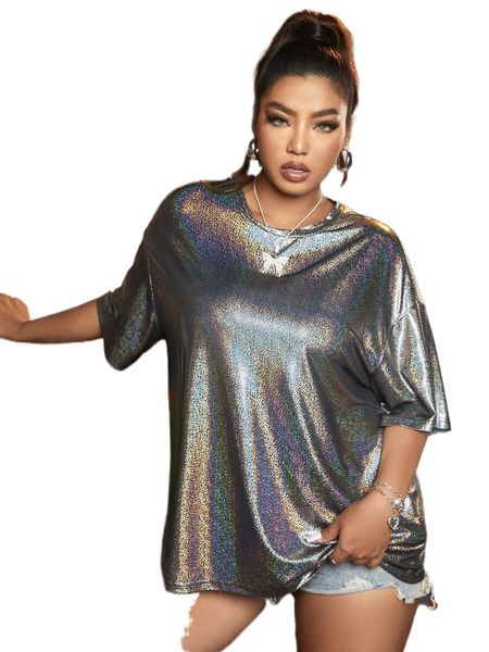 

plus holographic drop shoulder metallic tee l7qy#, Black