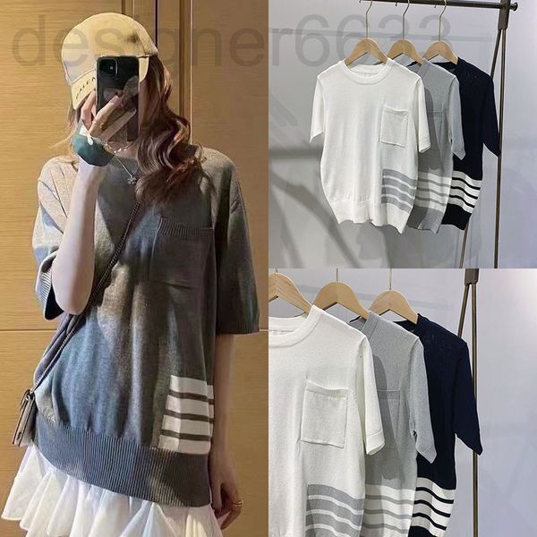 

women's sweaters designer tb knitted short sleeve crew neck t-shirt white four bar yarn dyed red blue ribbon jacquard men's and wo, White;black