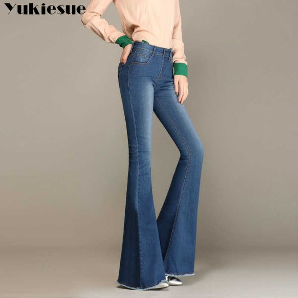 

high waist jeans for women skinny vintage bleached ripped woman autumn denim bellbottomed pants flare trousers female 210608, Blue