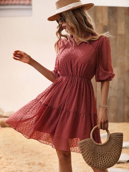 

swiss dot lantern sleeve frilled tie neck ruffle hem dress w5jg#, Black;gray