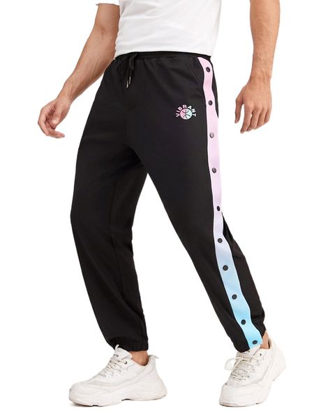 

men button side drawstring waist sweatpants 44kn#, Black