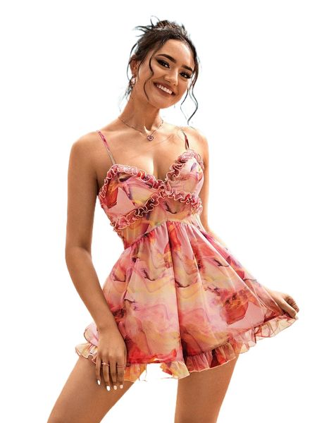 

marble print frill trim cami romper x3fh#, Black;white