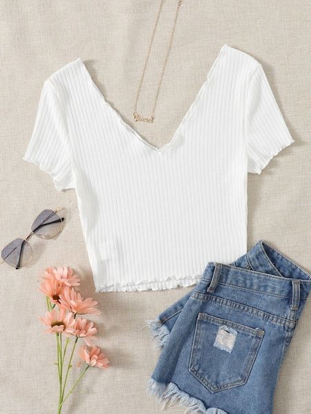 

lettuce trim rib-knit crop tee x75h#, White