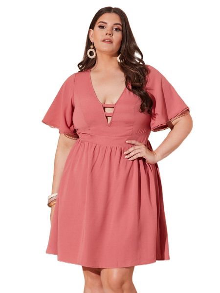 

plus cut out circle lace trim butterfly sleeve dress v9t1#, Black