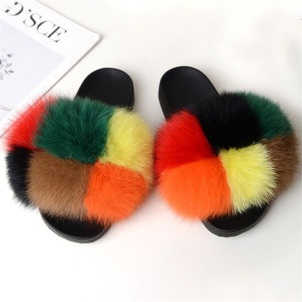 

fox fur slipper women&#39s fox and raccon fur slides summer outdoor slippers sandal original shoes fur slippers for women, Black