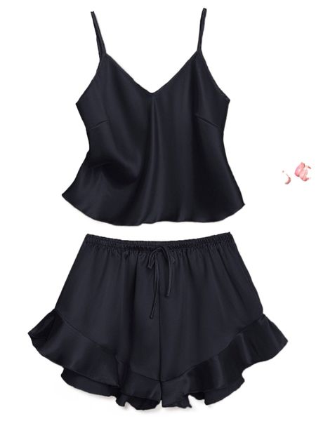 

satin cami & ruffle trim shorts pj set o3x1#, Black;red