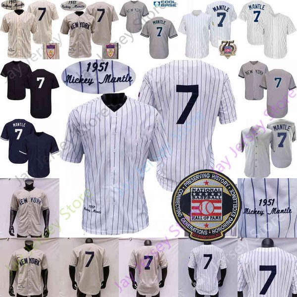 

mantle jersey hall of fame patch 75th salute to service 1951 grey turn back cream white pinstripe navy player fans size s-3xl, Black