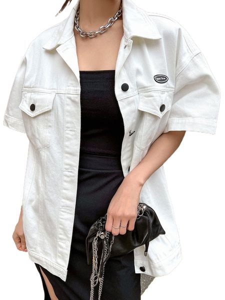 

dazy letter patch detail drop shoulder denim coat s470#, Black;brown