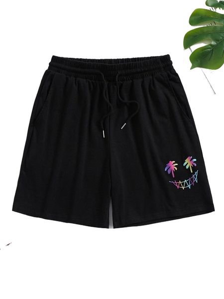 

men expression print drawstring waist shorts l5ja#, White;black