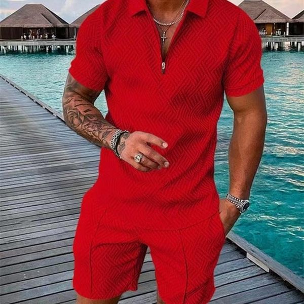 

summer solid color mens sport jogging zipper short sleeve polo shirt sportswear twopiece set 220707, Gray