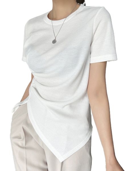 

dazy waffle knit asymmetrical hem solid tee 47qy#, White