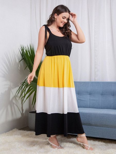 

plus colorblock knot shoulder dress f07e#, Black