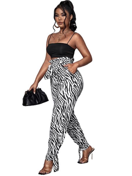 

sxy paper bag waist zebra stripe knot hem belted pants t48n#, Black;white