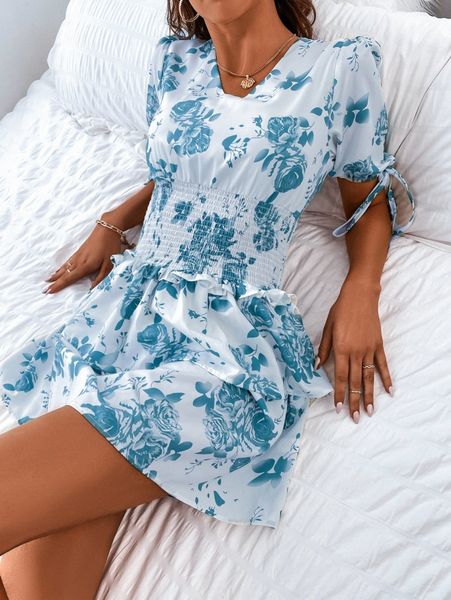 

floral print shirred waist ruffle trim knot sleeve dress 24vu#, Black;gray