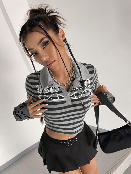 

striped & letter graphic polo neck crop tee l0px#, White