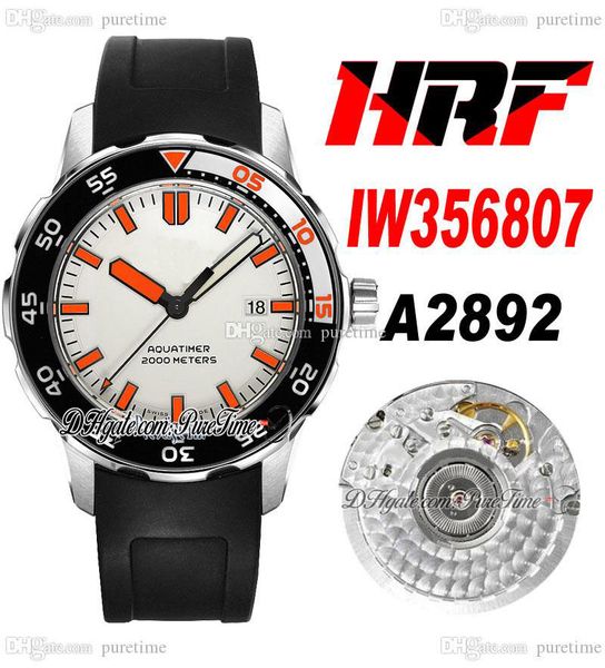 HRF Aquatimer 2000 IW3568 A2892 Orologio da uomo automatico Cassa in acciaio da 44 mm Quadrante bianco Indicatori a bastoncino arancione Cinturino in caucciù nero Super Edition Puretime A1