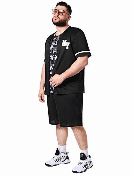 

extended sizes men letter graphic striped trim & shorts x6xx#, Gray