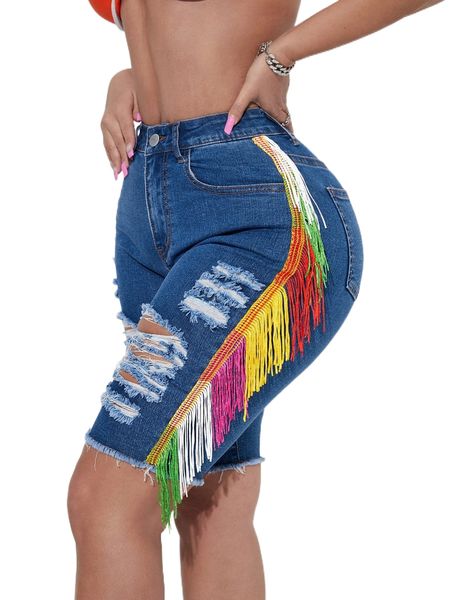 

sxy ripped raw cut fringe trim denim shorts h79a#, White;black