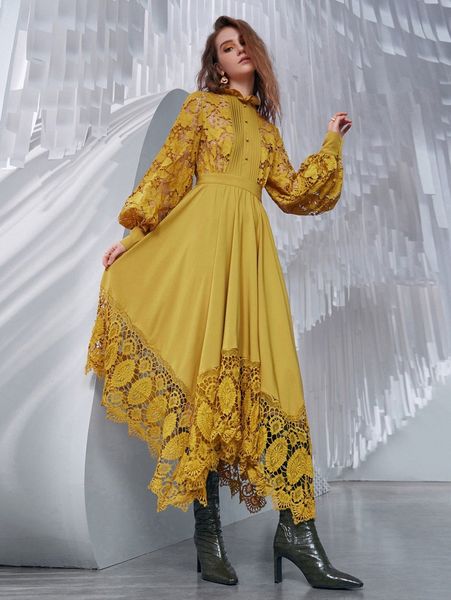 

guipure lace insert lantern sleeve fold pleated hanky hem dress j2jr#, Black;gray