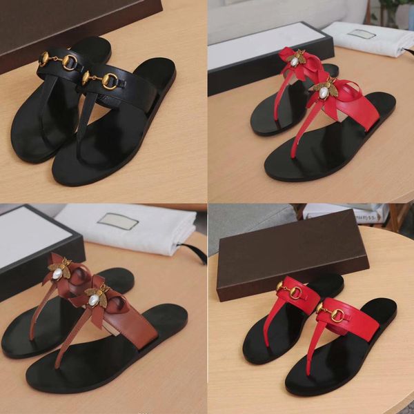 

brand designer women flip flops slipper summer slides sandals luxury women genuine leather metal bee lovely bow tie flat slippers with box n, Black