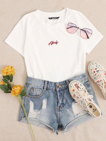 

letter embroidery rib-knit crop k6x2#, White