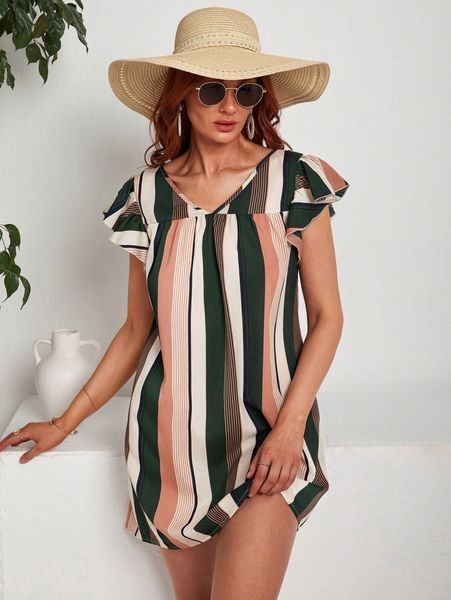 

butterfly sleeve striped dress 51bt#, Black;gray