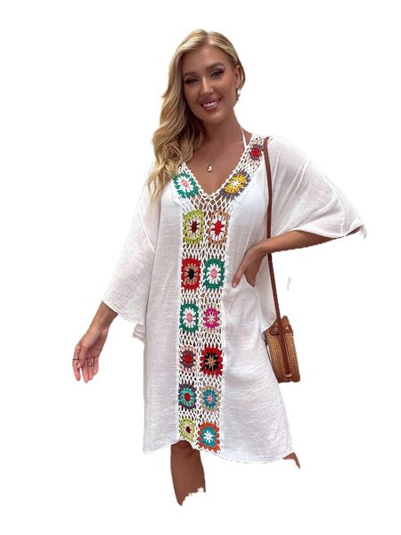 

floral pattern dolman sleeve cover up dress without bikini set 94je#, White;black