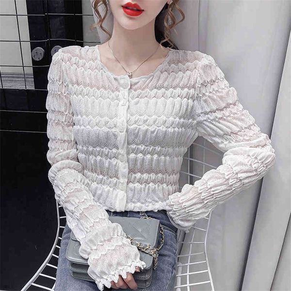 

jxmyy autumn and winter lace long-sleeved fairy cardigan tight-fitting bottoming shirt korean version of all-match thin coat 210412, White